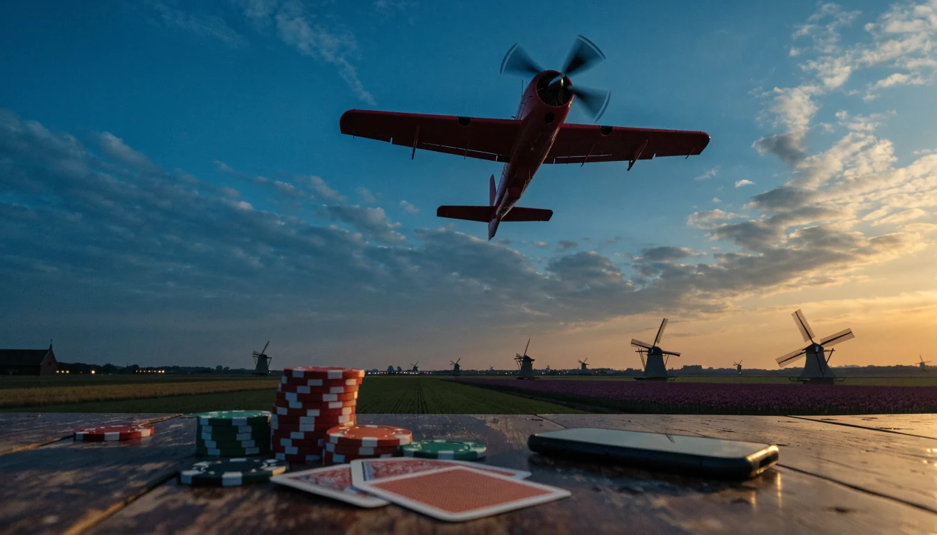 Rood propellervliegtuig stijgt op boven Nederlands landschap met fiches en smartphone