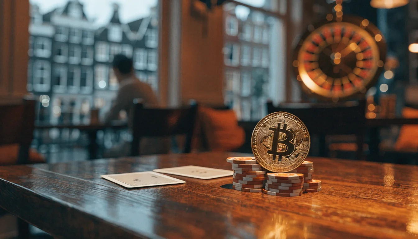 Gouden bitcoin-munt naast oranje casinofiches op een houten tafel, roulette in wazige achtergrond