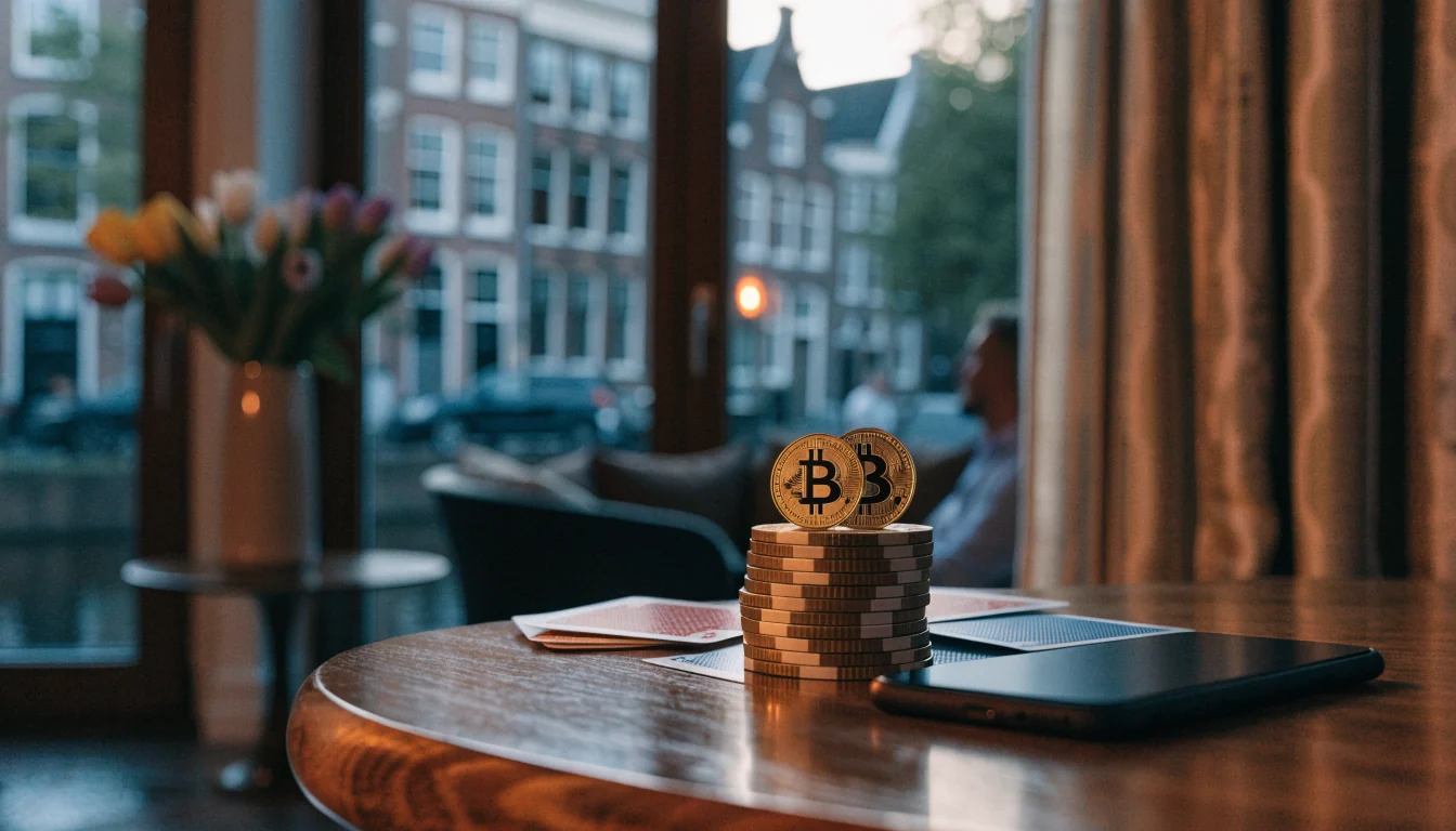 Gouden munten, casinofiches en speelkaarten op tafel in Nederlands interieur