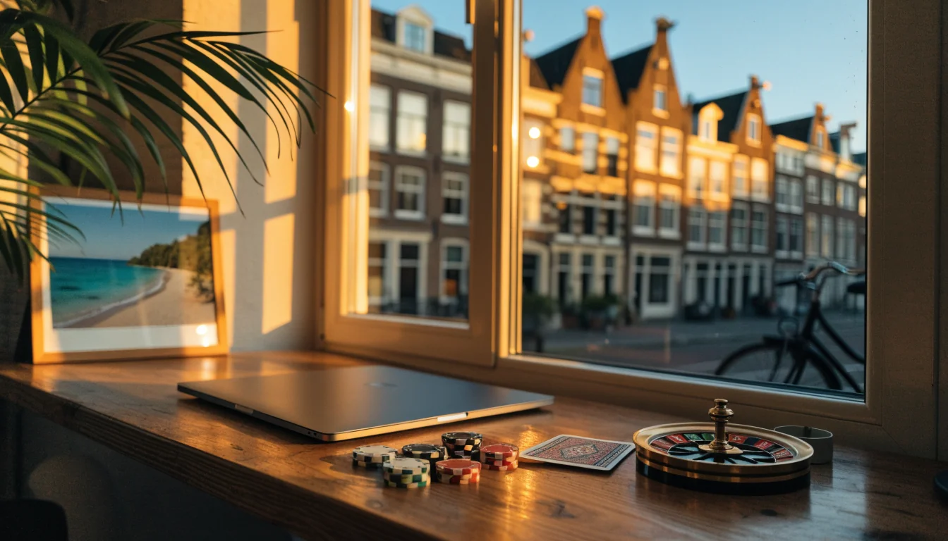 Stijlvol bureau met pokerfiches, kaarten en gesloten laptop, Nederlands grachtenpand op achtergrond
