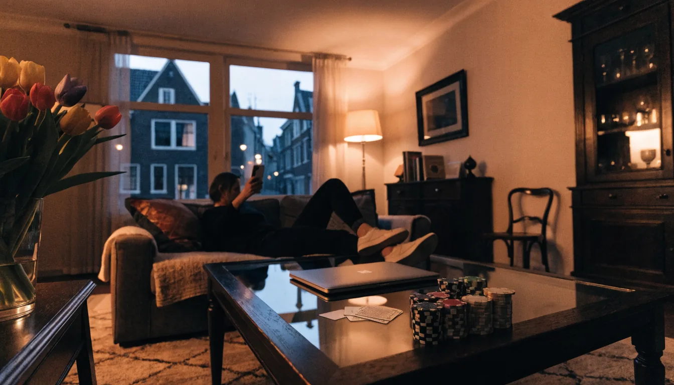 Persoon op bank met telefoon, pokerfiches en speelkaarten op tafel