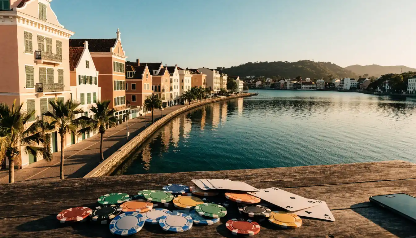 Kleurvolle koloniale huizen in Willemstad Curaçao met pokersnippers en kaarten op een houten tafel