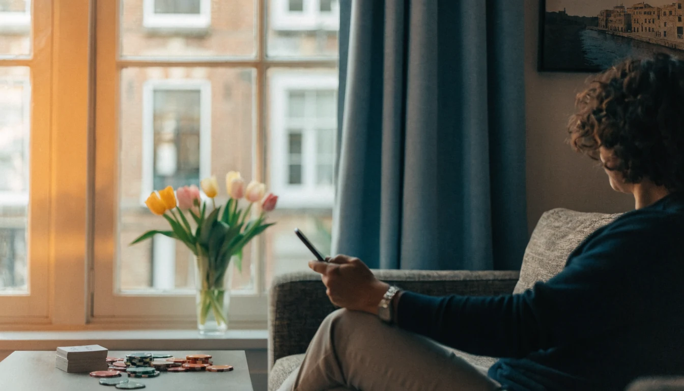 Persoon op bank met smartphone, casino fiches en tulpen in Nederlandse woonkamer