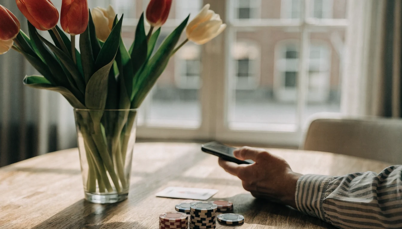 Smartphone naast pokerchips en kaart op tafel in Nederlands interieur met tulpen