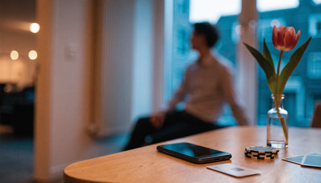 Smartphone met bankpas en casinofiches op een tafel in een Nederlandse woonkamer