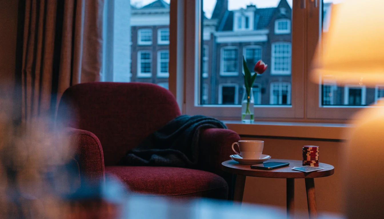 Gezellige Nederlandse woonkamer met pokerschijfjes, speelkaarten en een omgekeerde smartphone