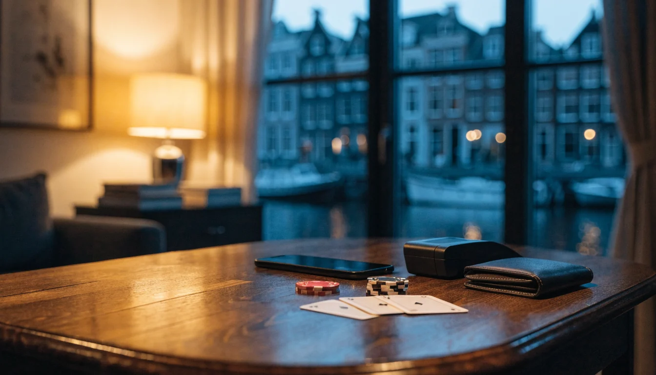 Smartphone naast pokerfiches en kaarten op tafel in Nederlandse woonkamer