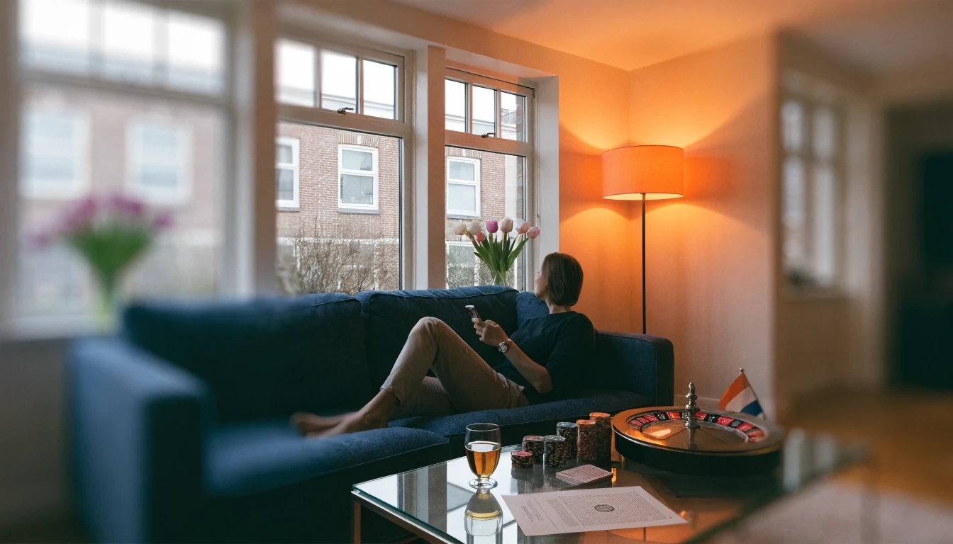 Ontspannen Nederlandse woonkamer met smartphone, casinofiches en roulette als decor