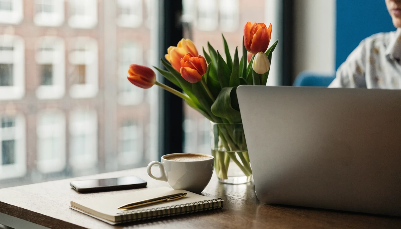 Bureau met laptop, notitieboek, koffie en tulpen voor klantenservice