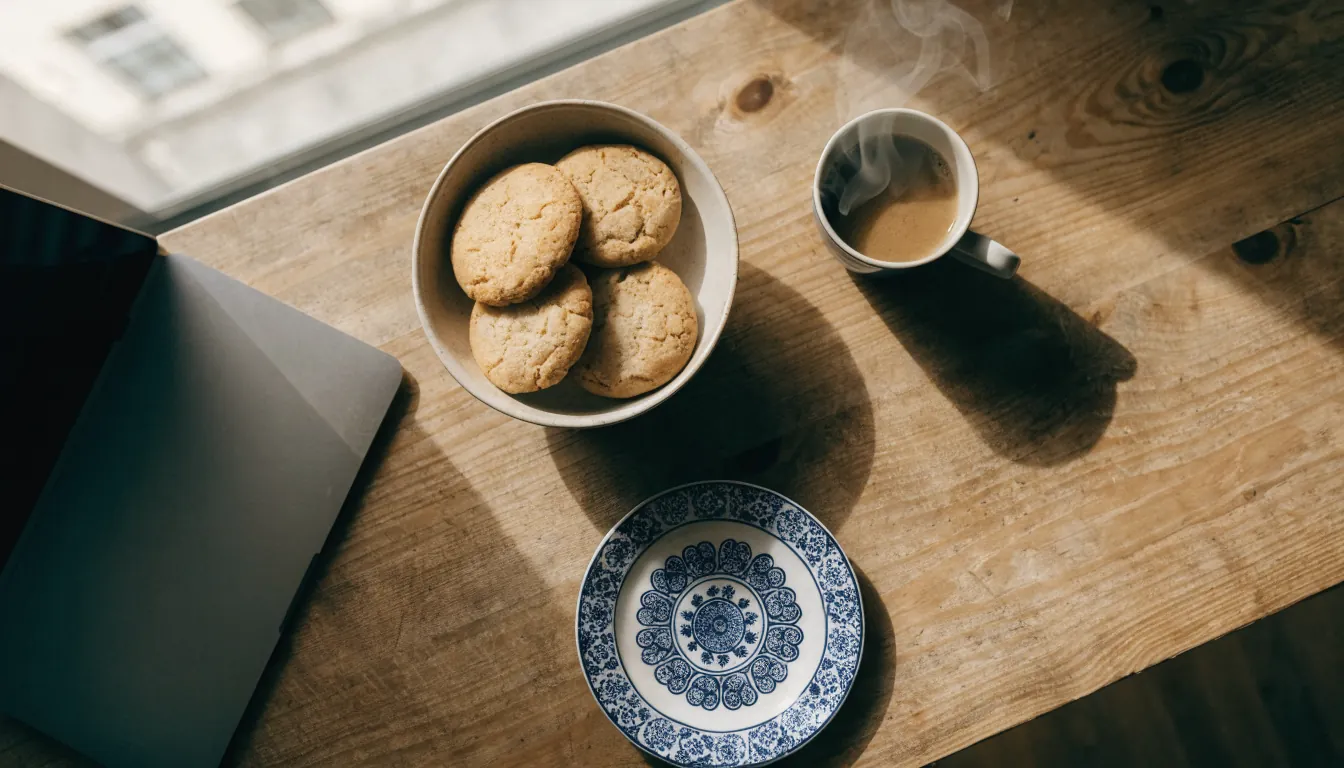 Verse koekjes op een houten tafel naast een laptop met kop koffie
