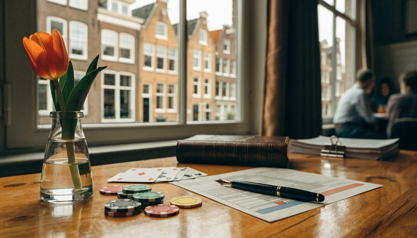 Pokerfiches, kaarten en belastingpapieren op een bureau bij Nederlands raamkozijn