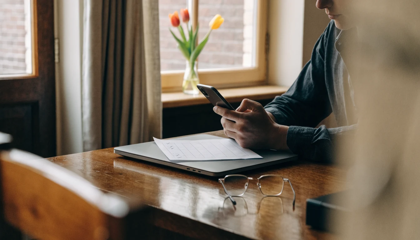 Persoon controleert vergunning met smartphone en checklist aan bureau
