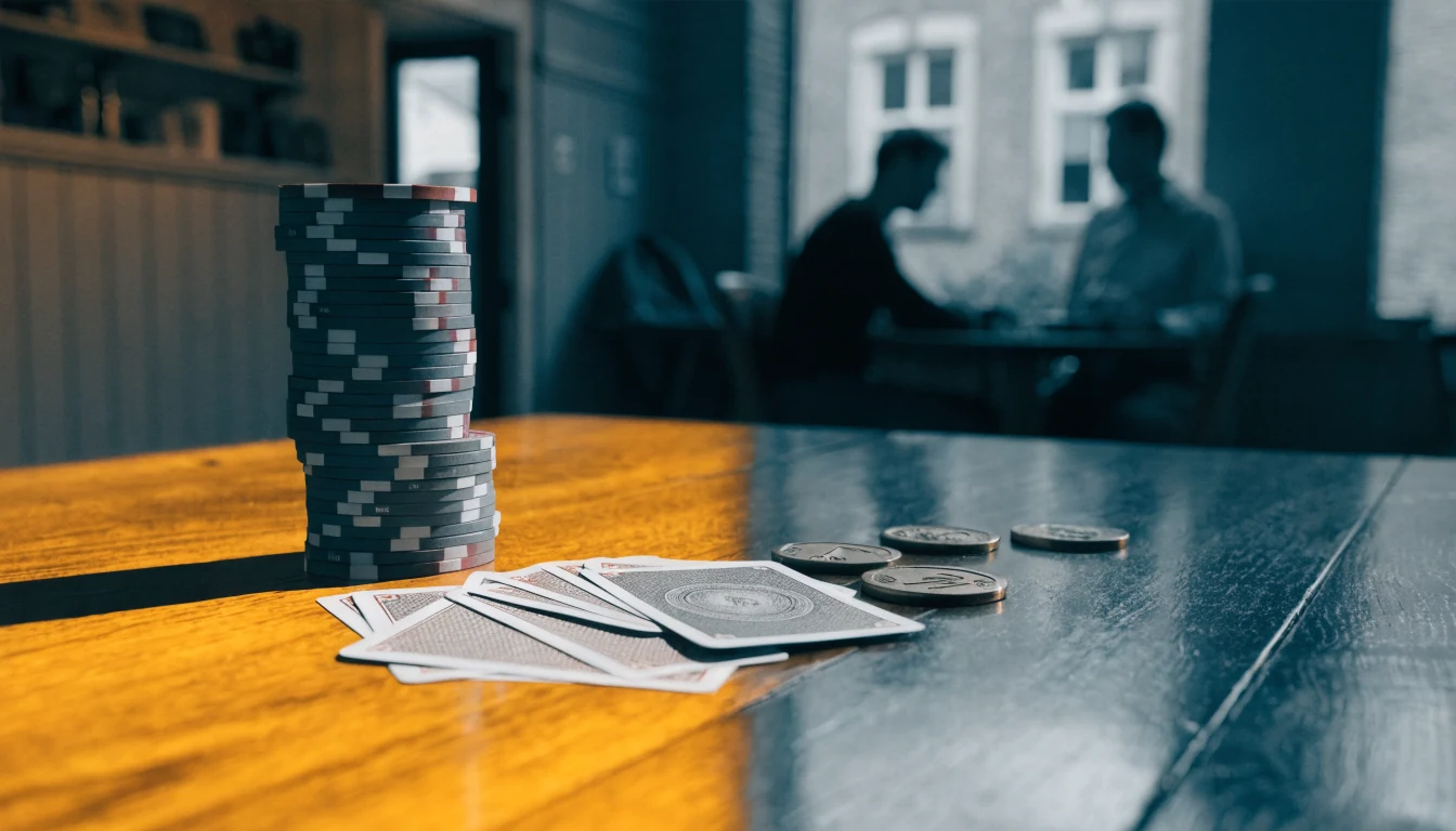 Casinofiches in licht tegenover munten in schaduw op tafel