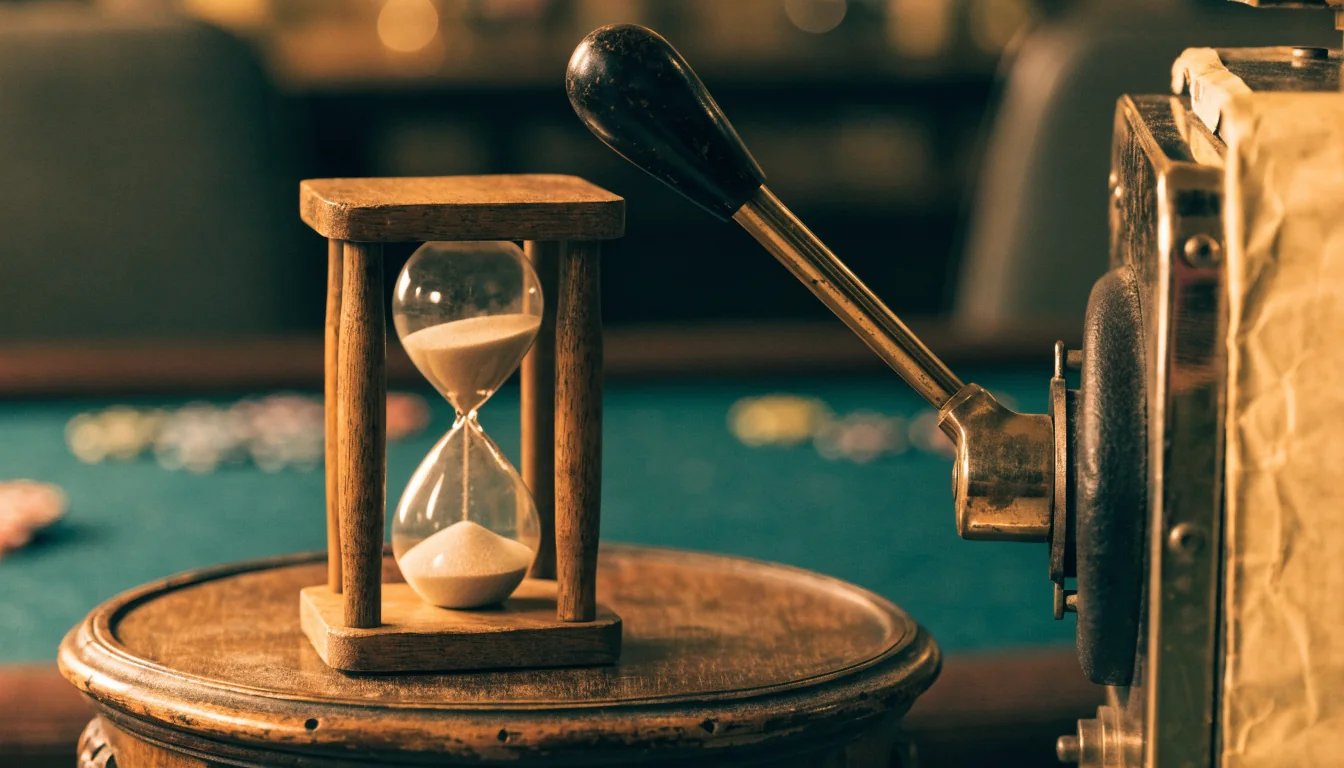 Mechanische hendel en zandloper op tafel in warm licht
