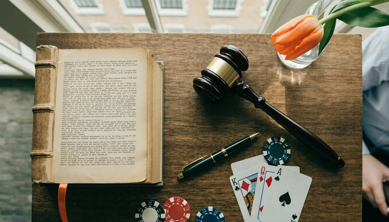 Wetboek met hamer en pokerschijfjes op bureau, juridische informatie over kansspelen