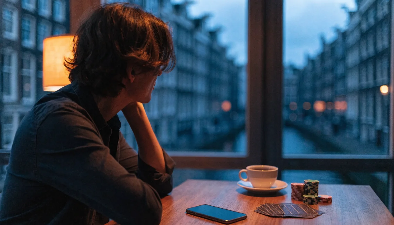 Smartphone ligt omgekeerd naast fiches en koffie op tafel in Nederlands appartement