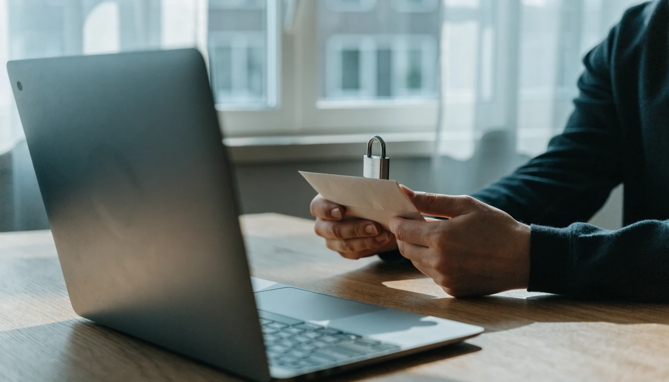 Handen met gesloten envelop en hangslot op houten bureau bij laptop