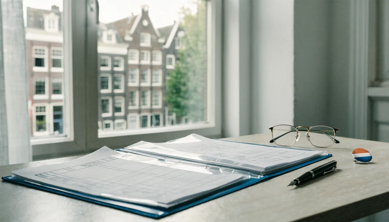 Bureau met transparante map, documenten, leesbril en Nederlandse vlagspeld op bureau