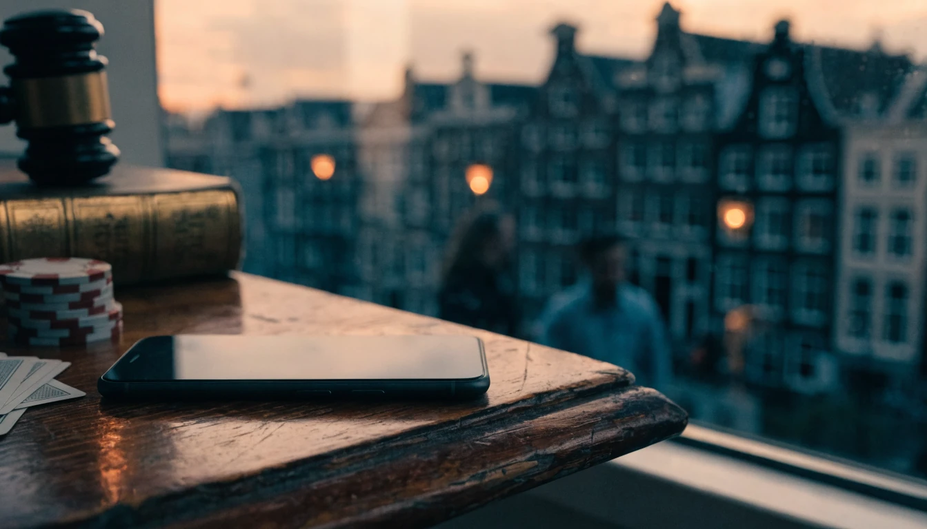 Smartphone met pokerfiches en kaarten op tafel, Amsterdamse grachten op achtergrond