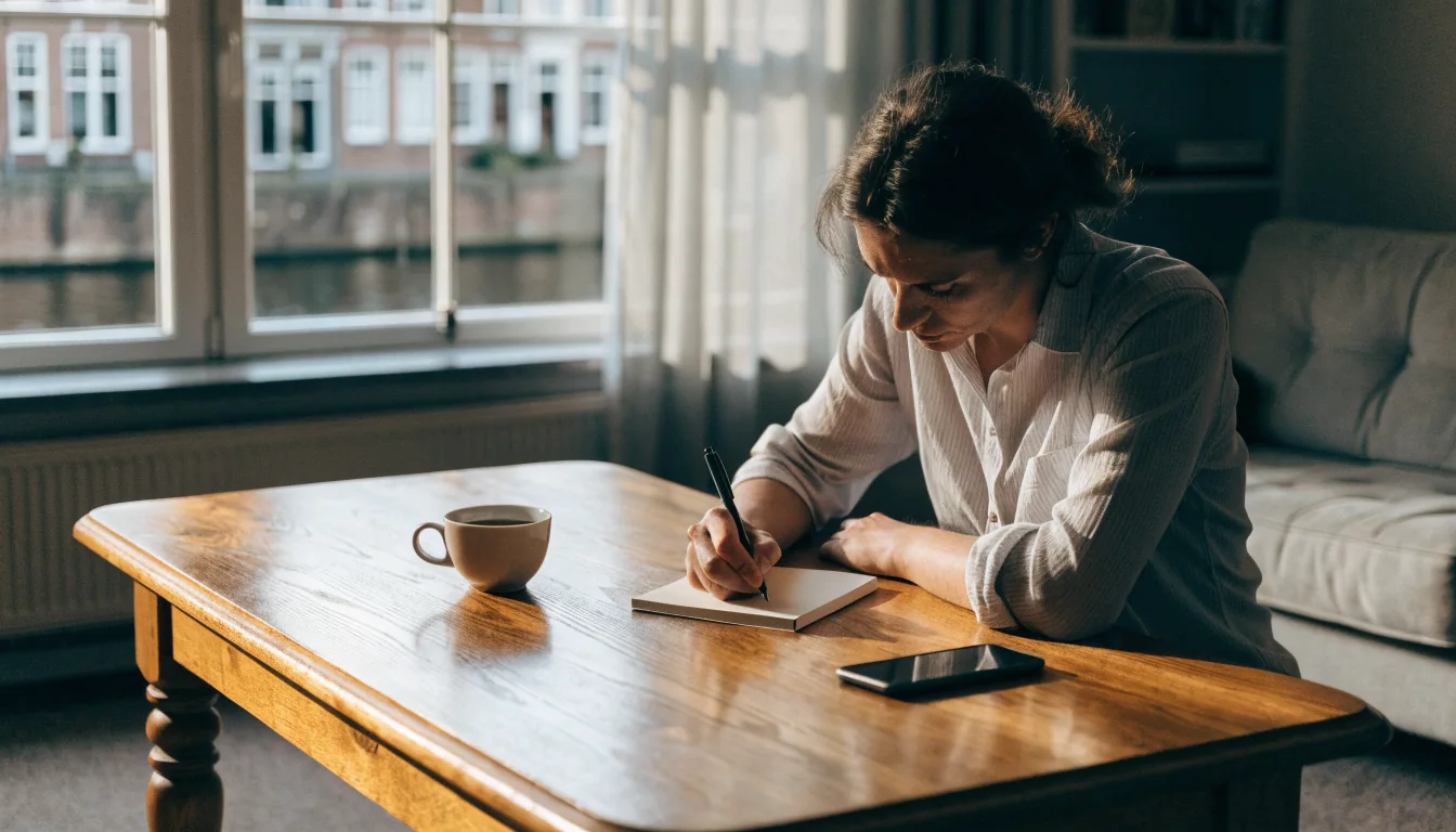 Persoon aan tafel met notitieboekje en omgekeerde smartphone, rustige Nederlandse woonkamer