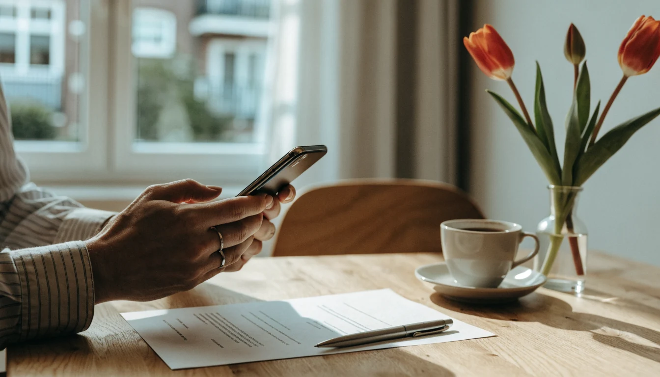 Handen met smartphone naast document en pen op een houten bureau in Nederlandse kantooromgeving