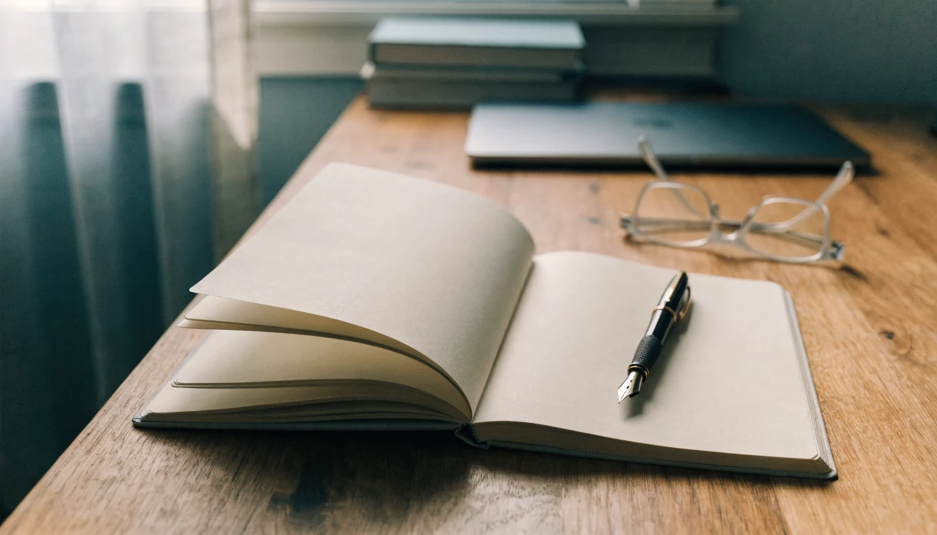 Notitieboek met pen en bril op houten bureau in rustige kantooromgeving